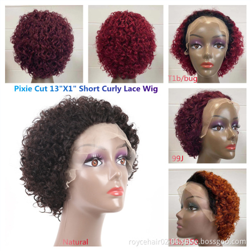 Crochet Braid Hair Wig 100% Peruvian Raw Human Hair P4/27 Short Bouncy Curly Transparent 13x1 Swiss Lace Front Wig For Women